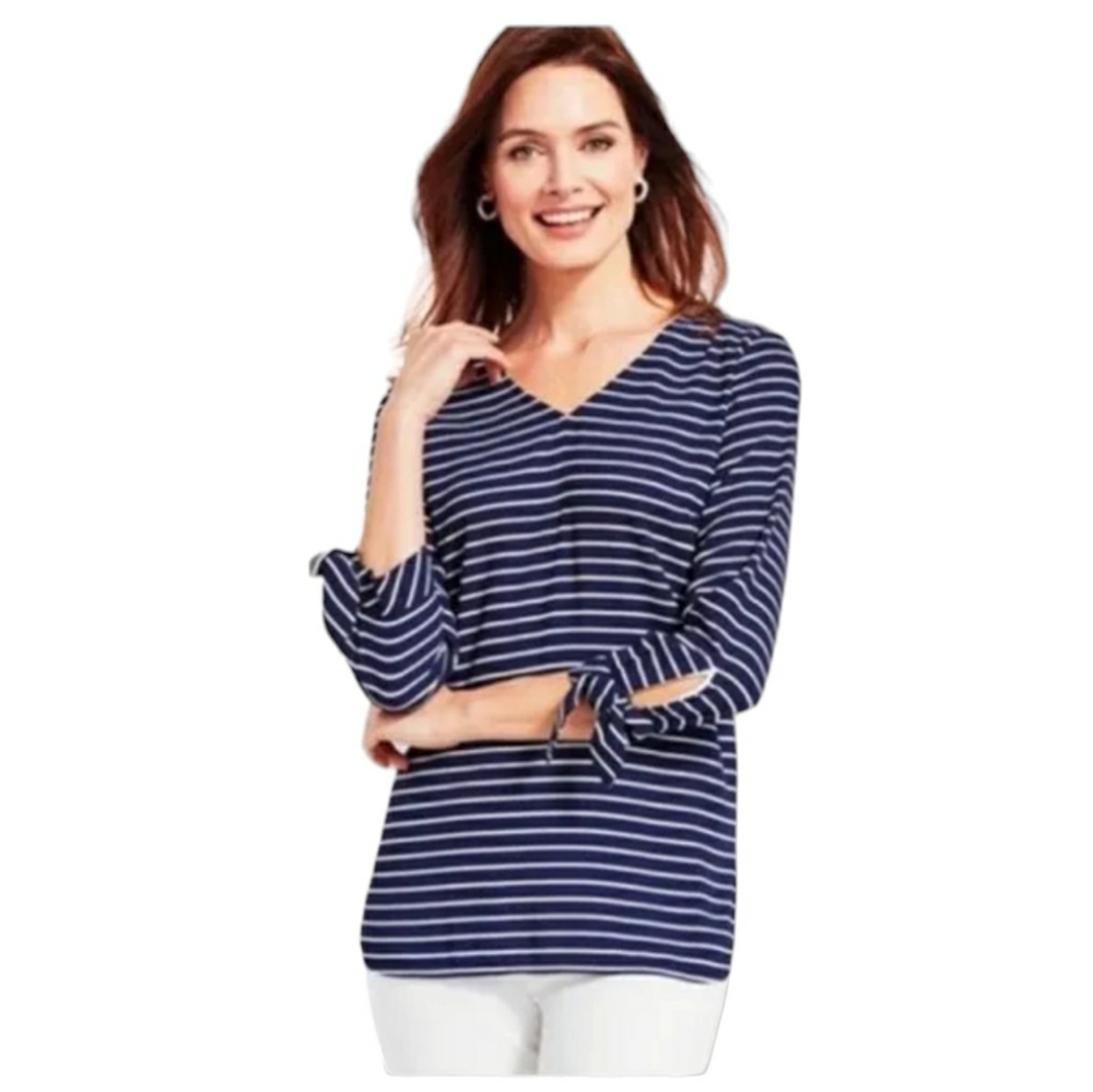 NWOT TALBOTS BLUE AND WHITE STRIPED TIE SLEEVE V-NECK BLOUSE.